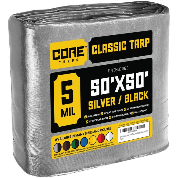 Core Tarps 50 ft L x 0.5 mm H x 50 ft W 5 Mil Tarp, Silver/Black, Polyethylene CT-501-50X50